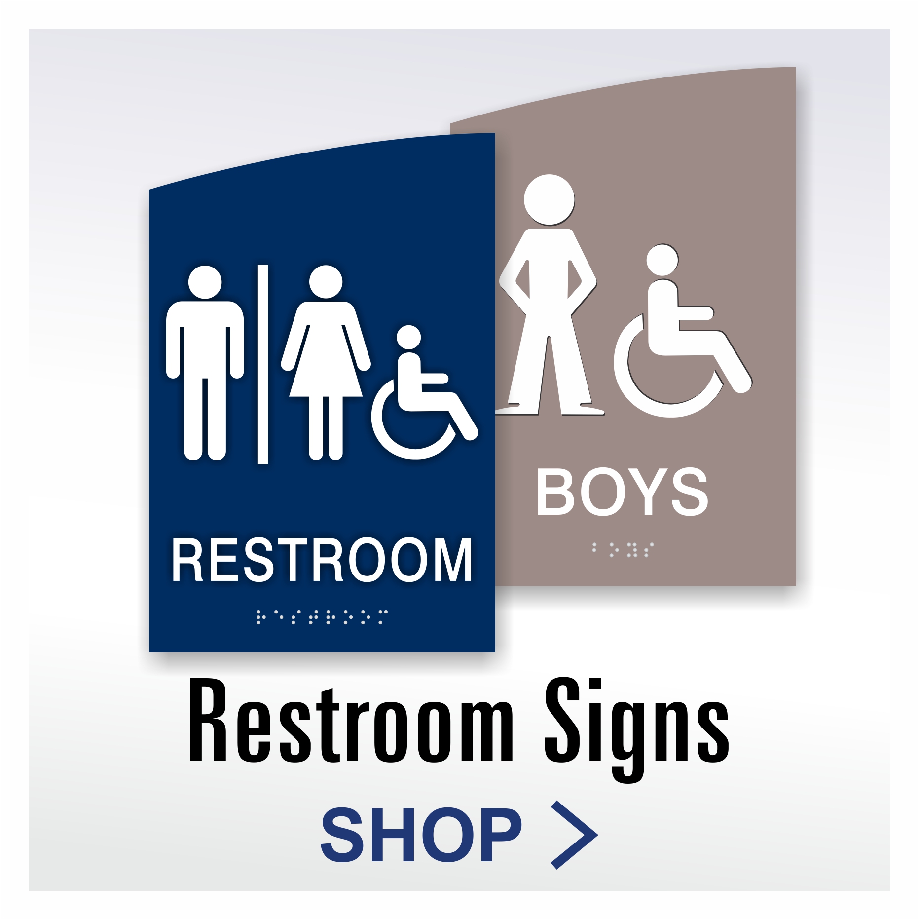 Crescent ADA restroom signs with curved top design and Grade 2 braille